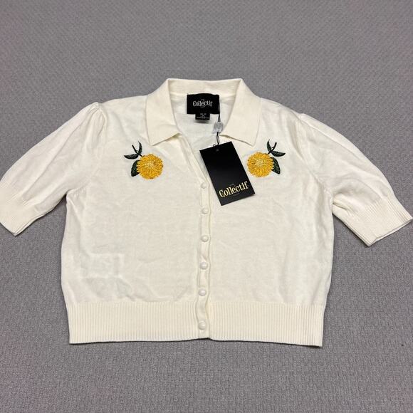 Collectif Cardigan Sweater Womens 8 White Flower Knit Collared Preppy Cropped - Picture 1 of 8